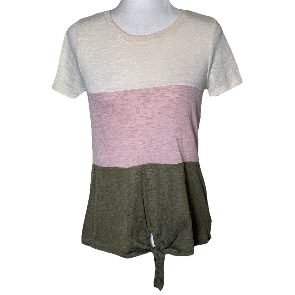 Tru Self Blouse Women's Colorblock Tie Front Boho Casual Soft Lightweight Top Sm